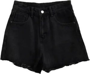 Jegsnoe Women High Waisted Raw Edge Denim Shorts Summer Basic Button Denim Shorts