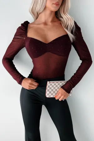 Easy To Remember Rhinestone Mesh Bodysuit (Dark Cherry) DoubleLayeredFabric casual top