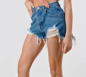 Jessie Frayed medium wash destroyed denim shorts *limited*