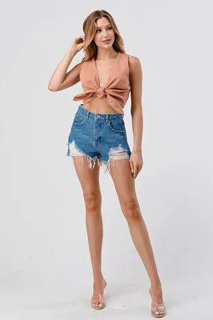 Jessie Frayed medium wash destroyed denim shorts *limited*
