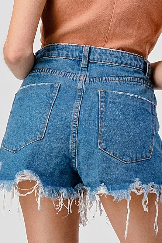 Jessie Frayed medium wash destroyed denim shorts *limited*