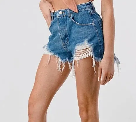 Jessie Frayed medium wash destroyed denim shorts *limited*