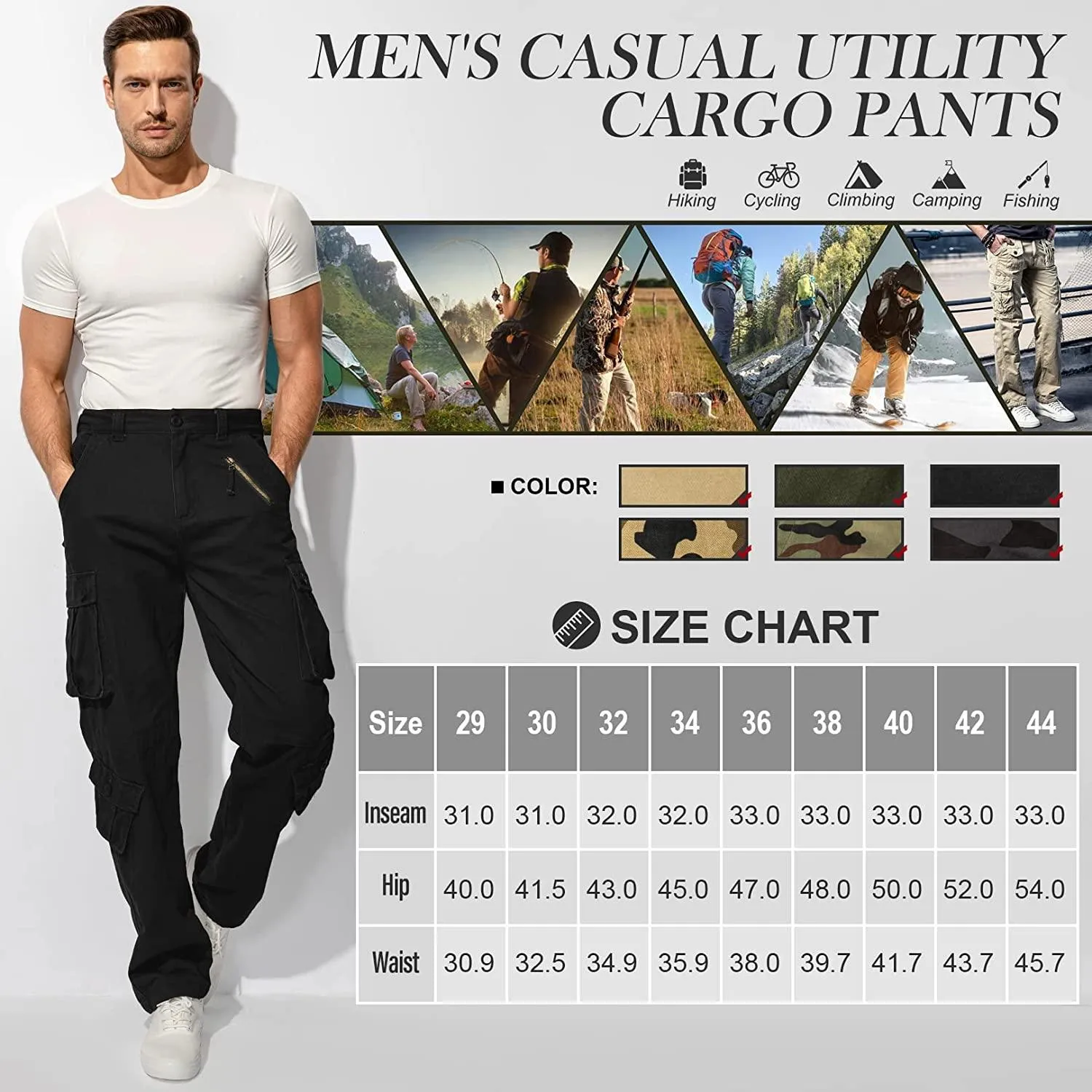 Jessie Kidden Men's Combat Camo Cargo Trousers Camouflage Army Military Tactical Work Pants
