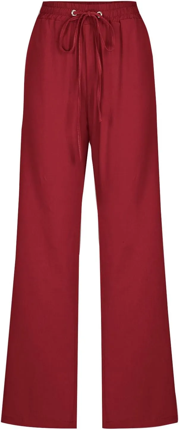 JOAU Pants for Women Casual 2024 Summer Drawstring Elastic High Waist Cotton Linen Pants Straight Wide Leg Pockets Trouser