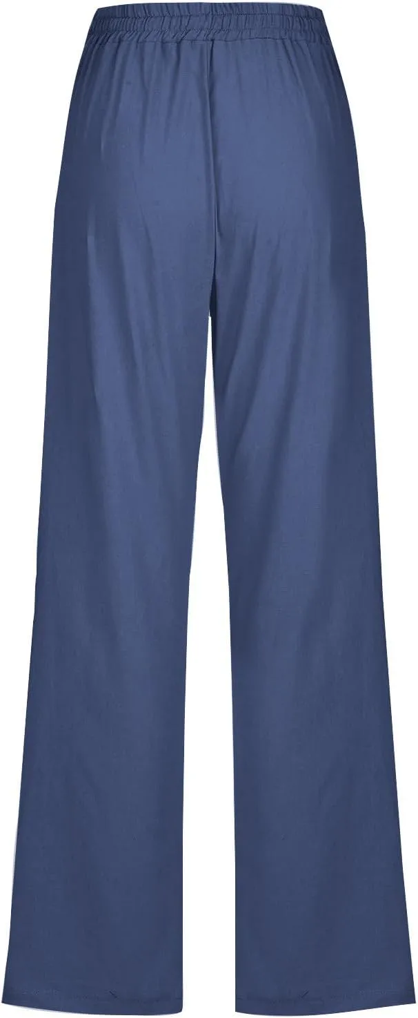 JOAU Pants for Women Casual 2024 Summer Drawstring Elastic High Waist Cotton Linen Pants Straight Wide Leg Pockets Trouser