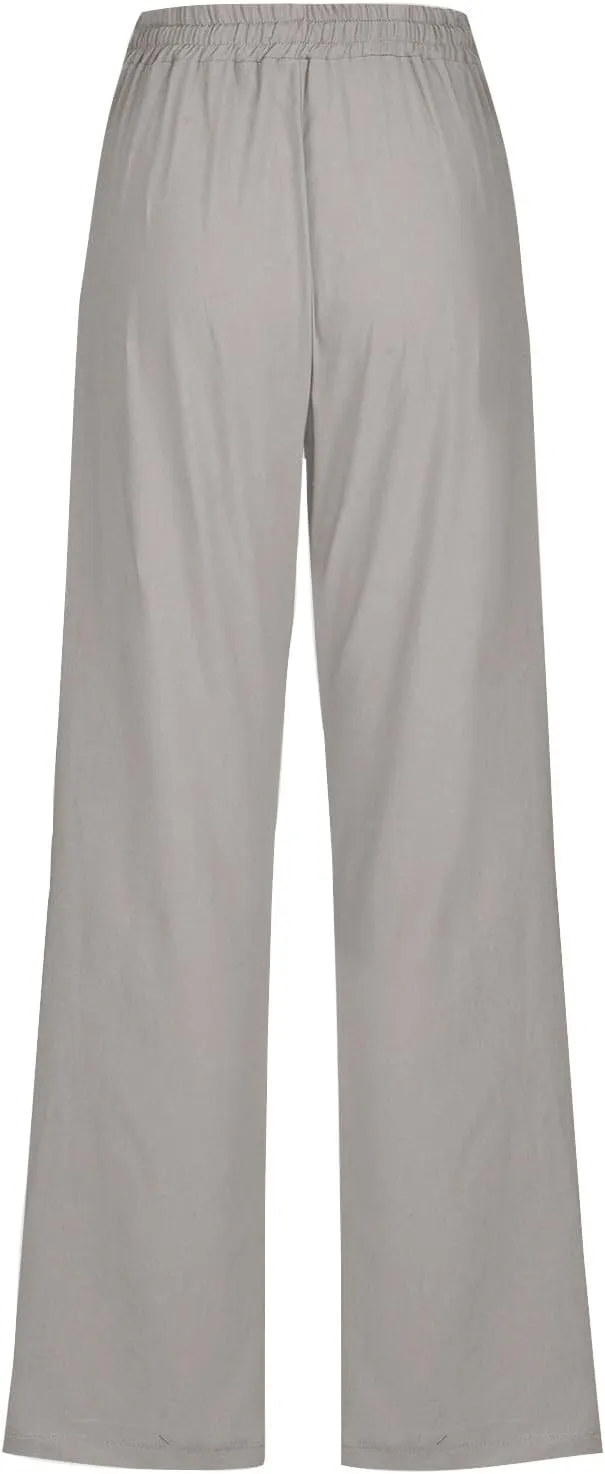 JOAU Pants for Women Casual 2024 Summer Drawstring Elastic High Waist Cotton Linen Pants Straight Wide Leg Pockets Trouser