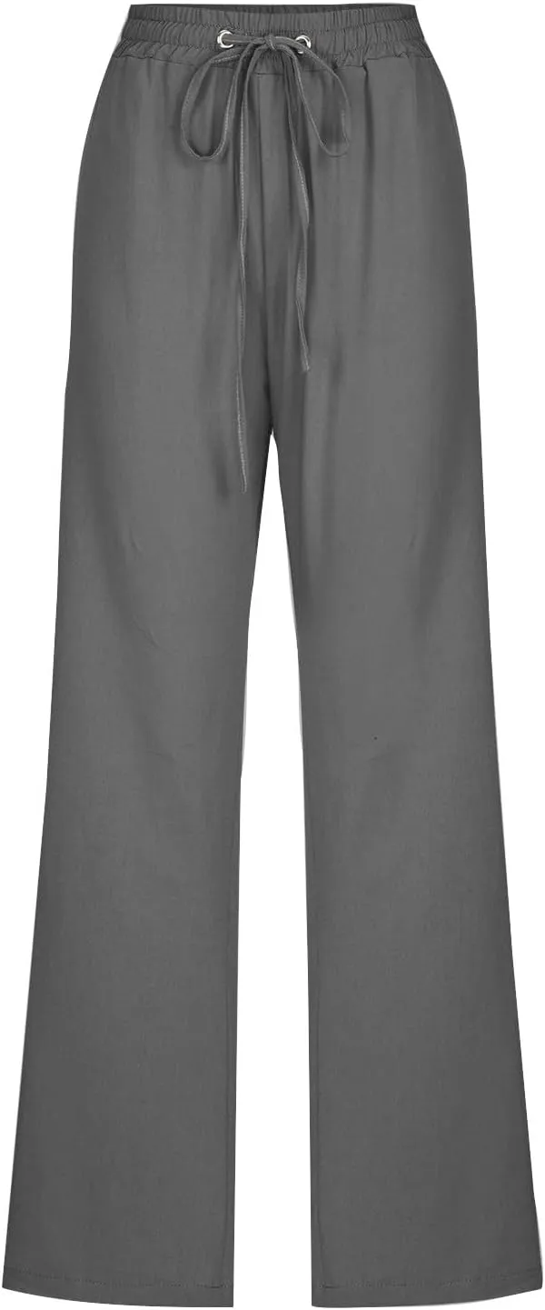 JOAU Pants for Women Casual 2024 Summer Drawstring Elastic High Waist Cotton Linen Pants Straight Wide Leg Pockets Trouser