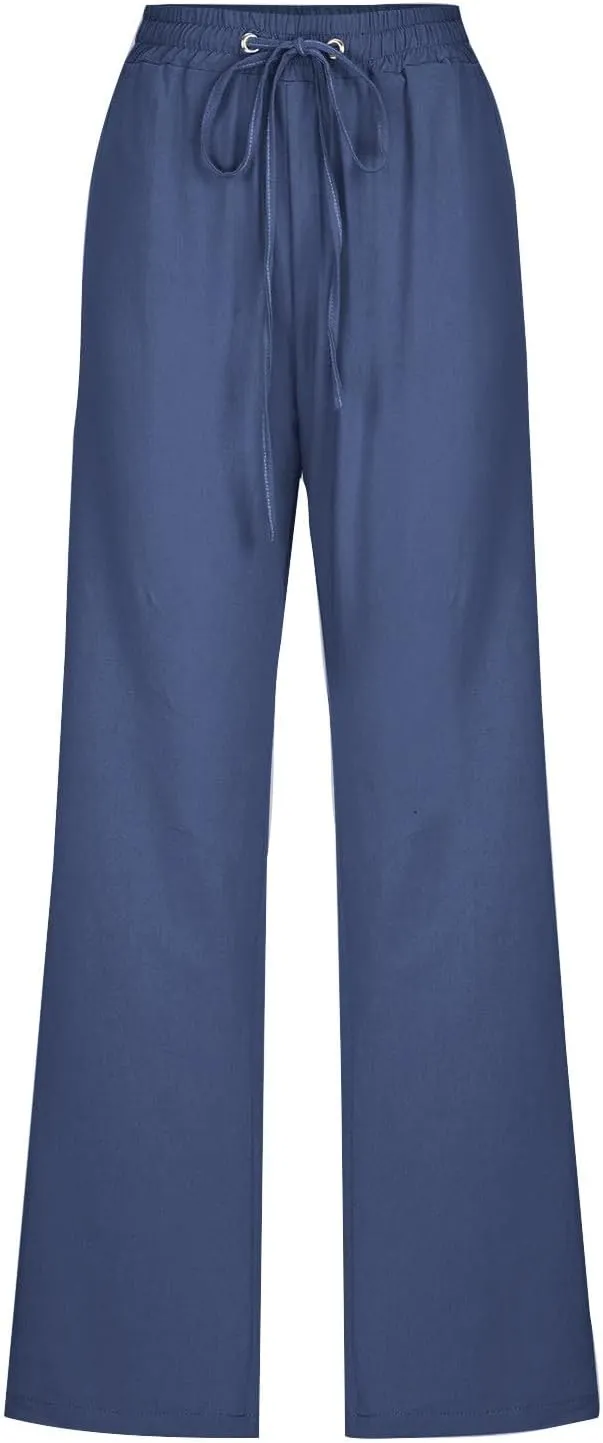 JOAU Pants for Women Casual 2024 Summer Drawstring Elastic High Waist Cotton Linen Pants Straight Wide Leg Pockets Trouser
