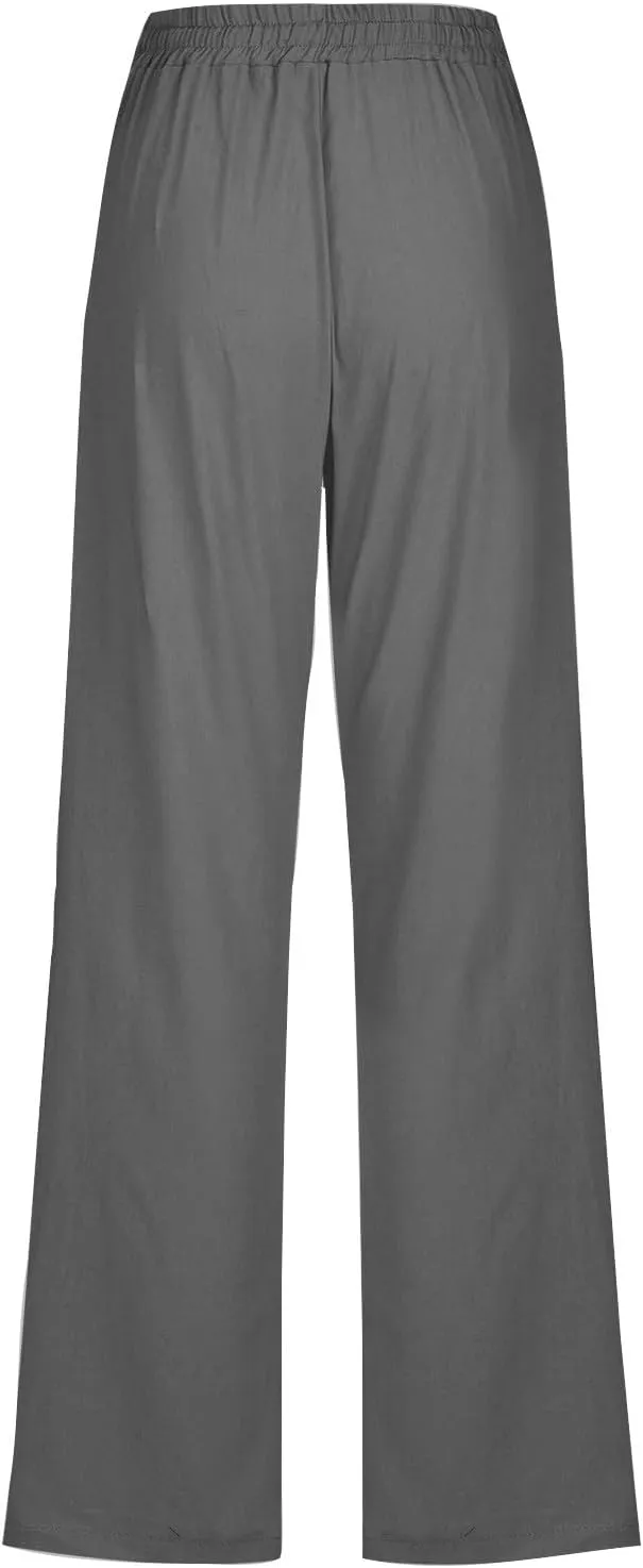 JOAU Pants for Women Casual 2024 Summer Drawstring Elastic High Waist Cotton Linen Pants Straight Wide Leg Pockets Trouser
