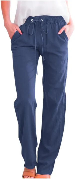 JOAU Pants for Women Casual 2024 Summer Drawstring Elastic High Waist Cotton Linen Pants Straight Wide Leg Pockets Trouser