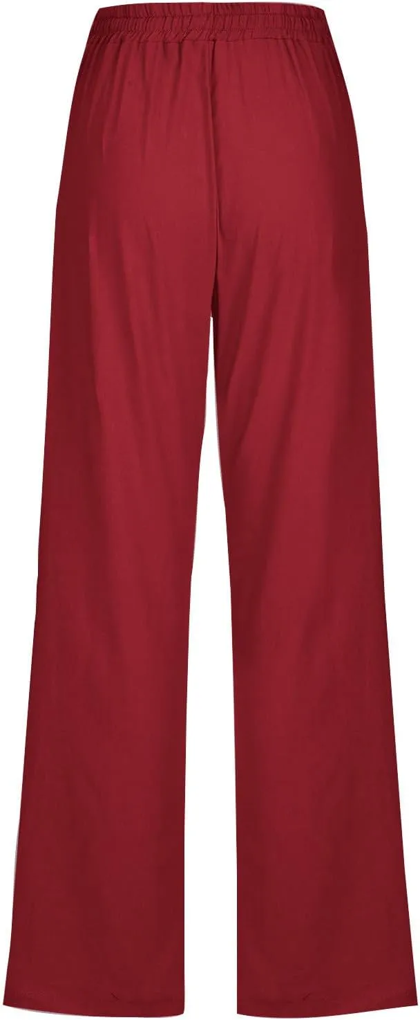 JOAU Pants for Women Casual 2024 Summer Drawstring Elastic High Waist Cotton Linen Pants Straight Wide Leg Pockets Trouser