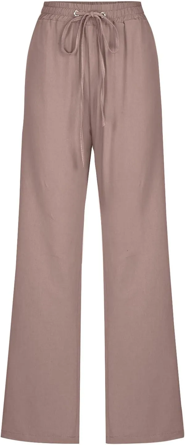 JOAU Pants for Women Casual 2024 Summer Drawstring Elastic High Waist Cotton Linen Pants Straight Wide Leg Pockets Trouser