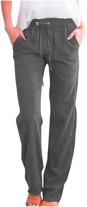 JOAU Pants for Women Casual 2024 Summer Drawstring Elastic High Waist Cotton Linen Pants Straight Wide Leg Pockets Trouser