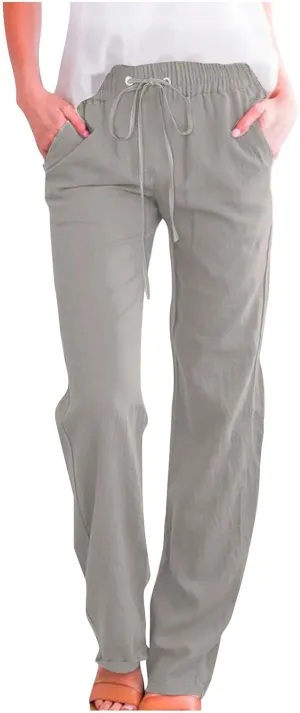 JOAU Pants for Women Casual 2024 Summer Drawstring Elastic High Waist Cotton Linen Pants Straight Wide Leg Pockets Trouser