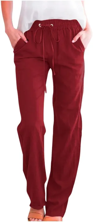 JOAU Pants for Women Casual 2024 Summer Drawstring Elastic High Waist Cotton Linen Pants Straight Wide Leg Pockets Trouser