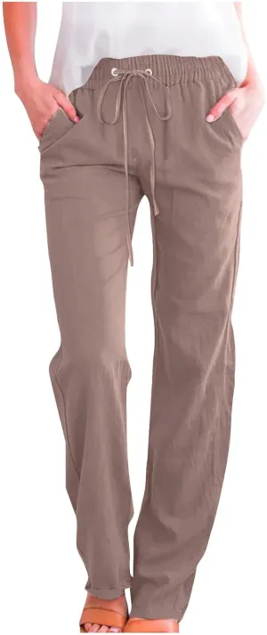 JOAU Pants for Women Casual 2024 Summer Drawstring Elastic High Waist Cotton Linen Pants Straight Wide Leg Pockets Trouser