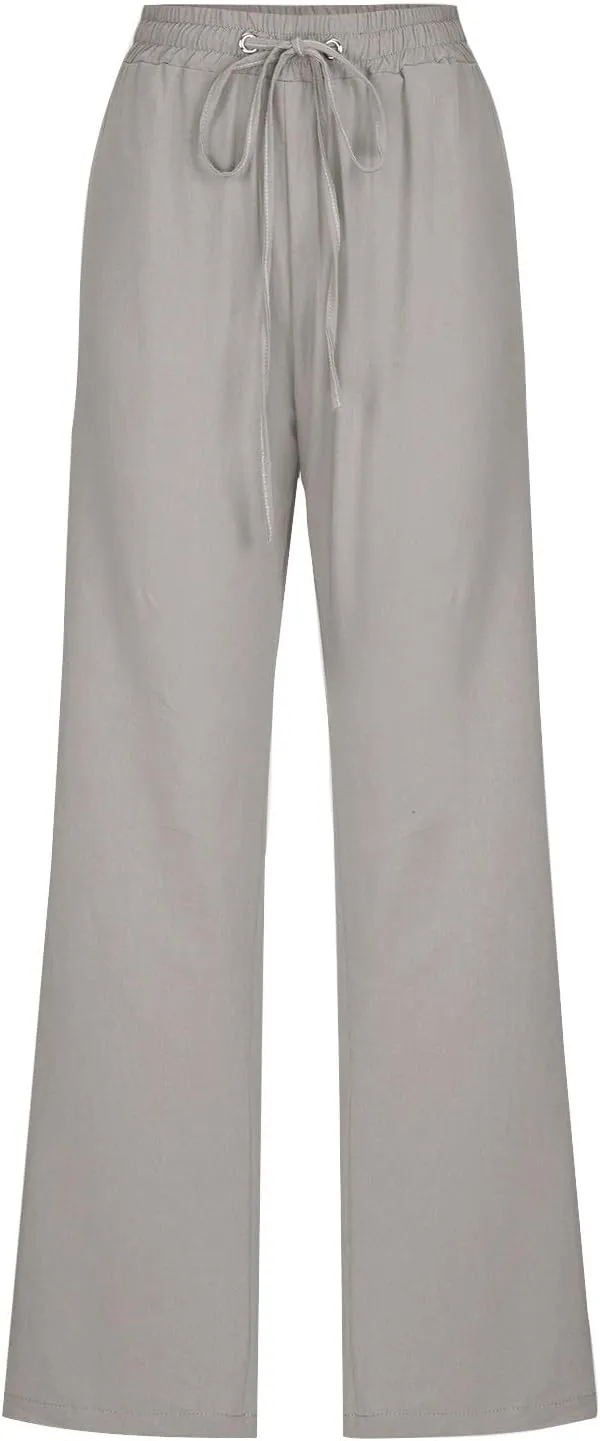 JOAU Pants for Women Casual 2024 Summer Drawstring Elastic High Waist Cotton Linen Pants Straight Wide Leg Pockets Trouser