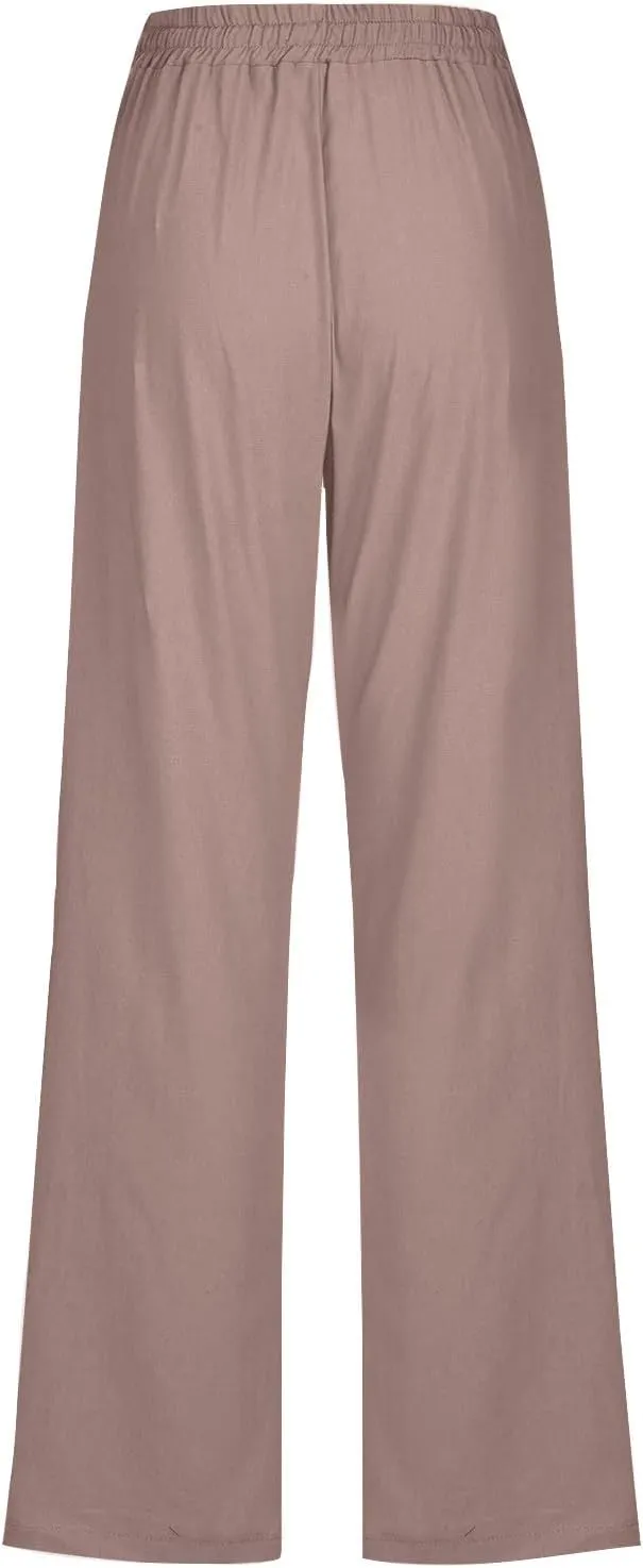 JOAU Pants for Women Casual 2024 Summer Drawstring Elastic High Waist Cotton Linen Pants Straight Wide Leg Pockets Trouser