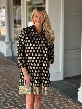 Jude Connally Helen Dress in Foulard Border Black Gold Contemporary Design