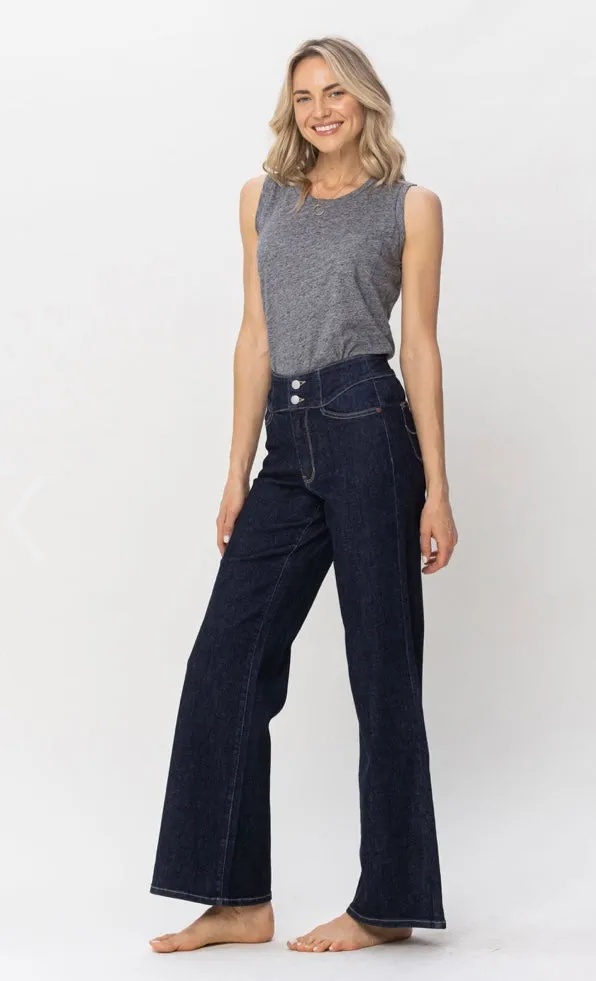 Judy Blue High Waist Embroidery Stitch Pocket Wide Leg Jeans