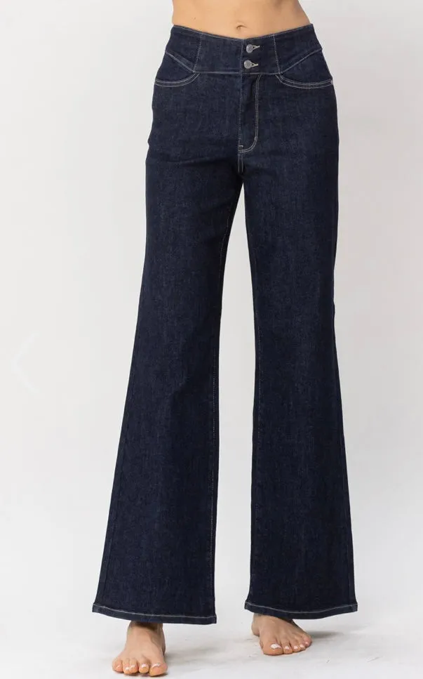 Judy Blue High Waist Embroidery Stitch Pocket Wide Leg Jeans