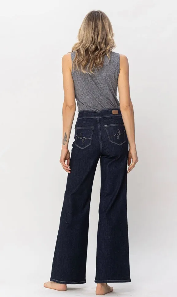 Judy Blue High Waist Embroidery Stitch Pocket Wide Leg Jeans