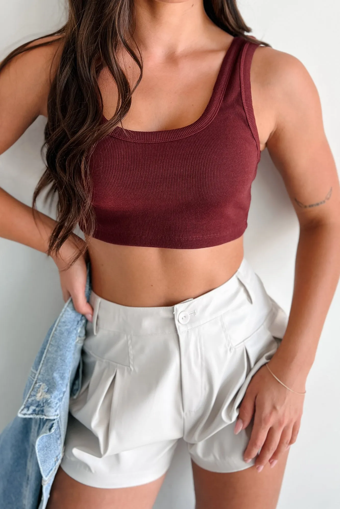 Self Fabric Tie Closure VersatileLayering Just Basic Ribbed Crop Tank Top (Maroon)
