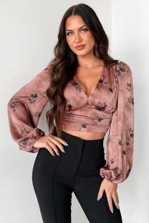 Reinforced Elbow Patches Curved Hemline Just Say When Satin Floral Long Sleeve Top (Brown)