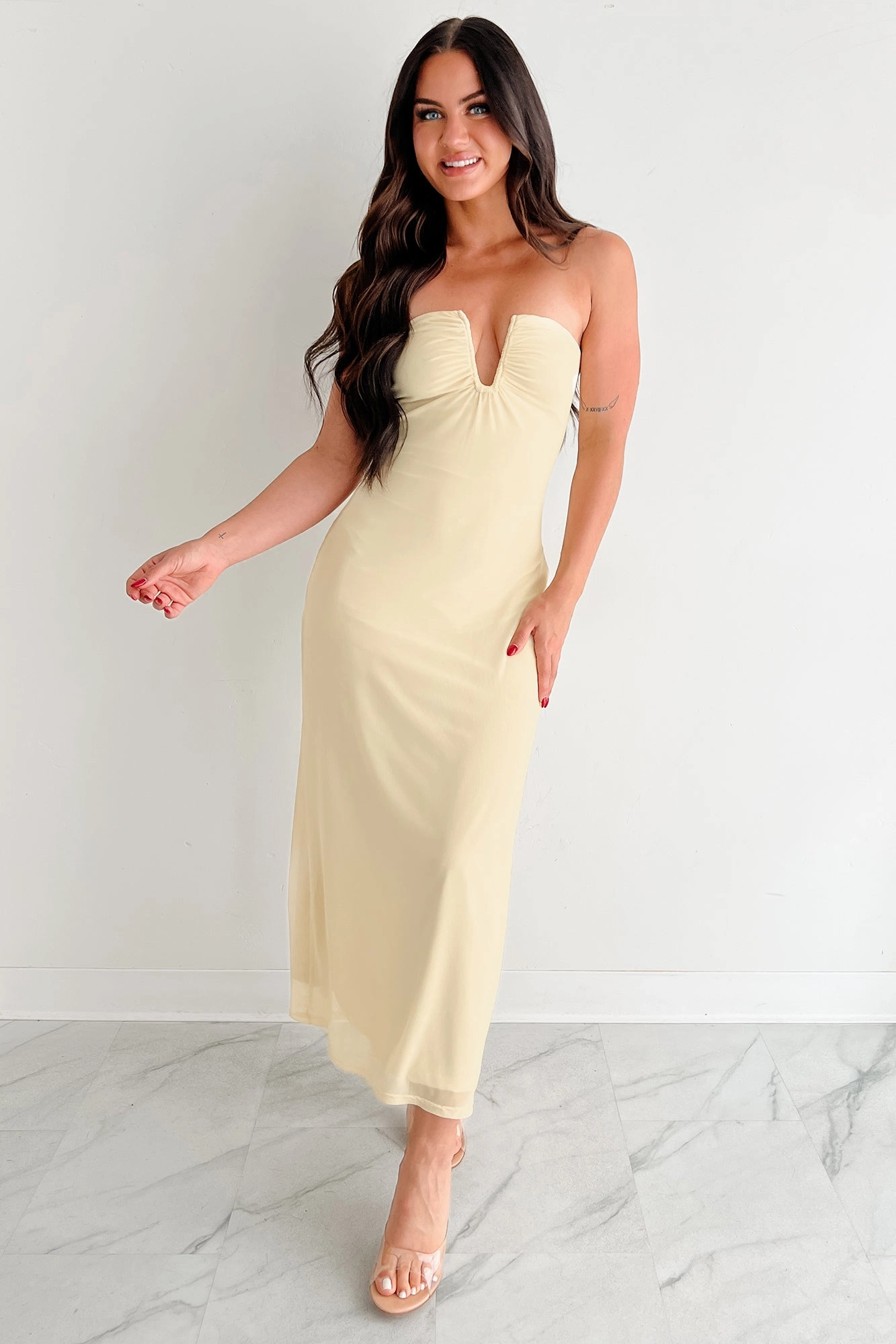 Just A Fling Strapless Mesh Maxi Dress (Light Yellow) Cool Simplicity Clean Tone