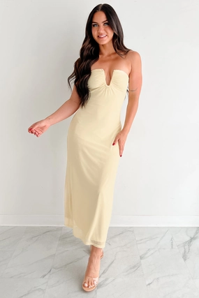 Just A Fling Strapless Mesh Maxi Dress (Light Yellow) Feminine Comfort