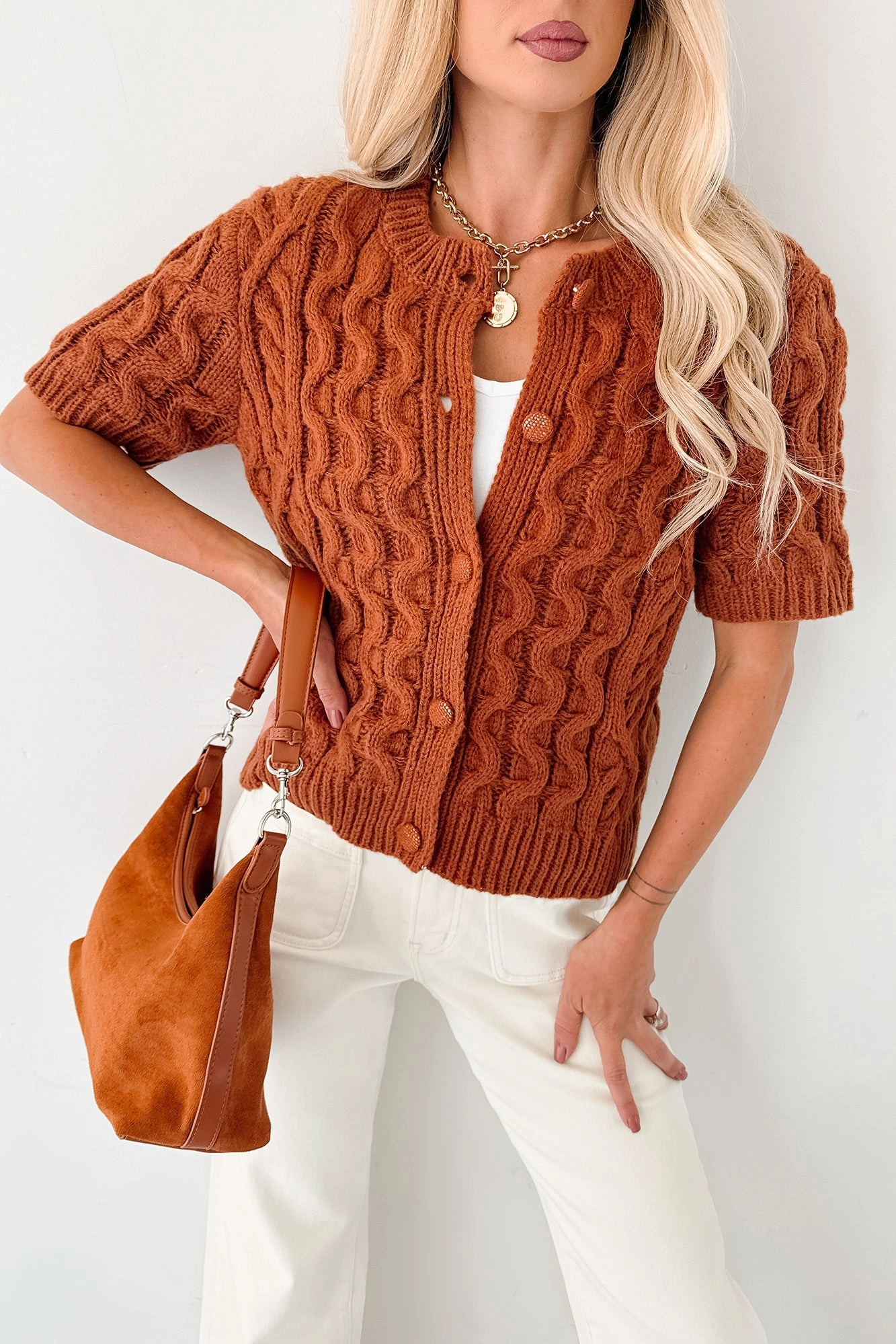 Abrasion Resistant Fabric Just Being Modest Short Sleeve Button-Up Sweater (Brick)