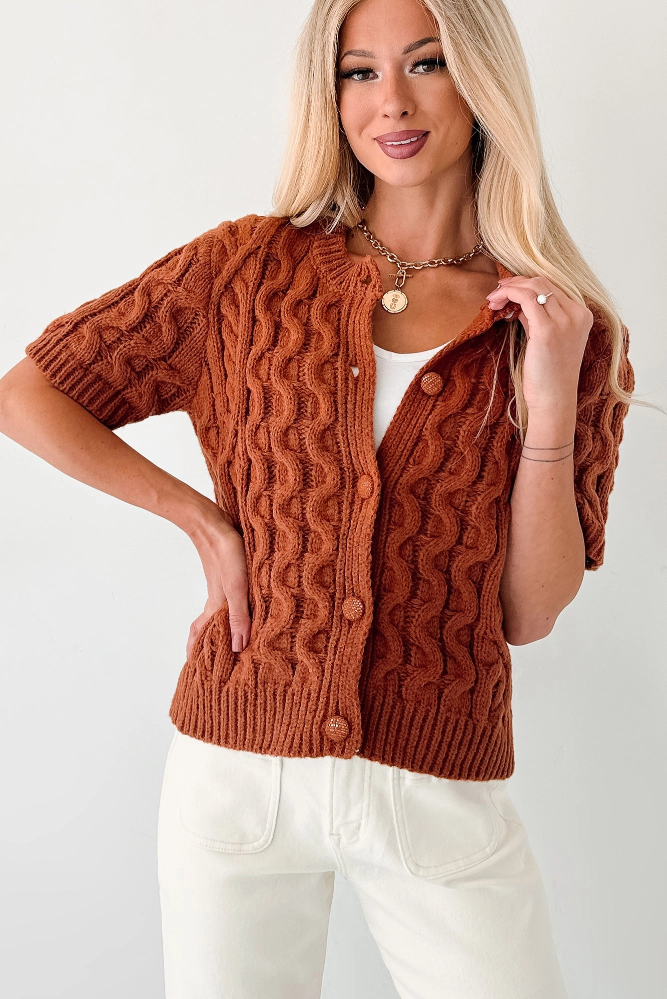 Just Being Modest Short Sleeve Button-Up Sweater (Brick) ribbed texture
