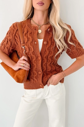 SoftKnit AdvancedAirflowChannels Just Being Modest Short Sleeve Button-Up Sweater (Brick)
