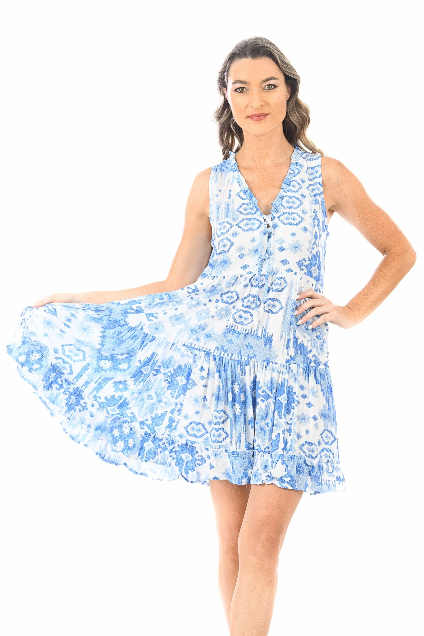 Flattering Shape Wear Comfortable Waist Design Kaia Dress Short / Periwinkle Ikat
