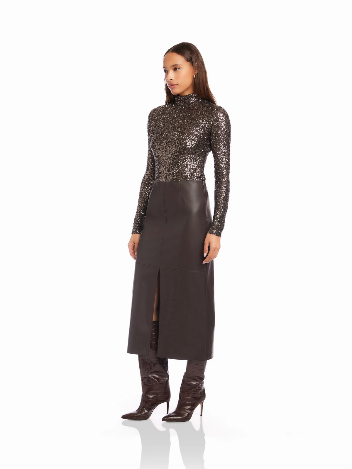 Weekend Favorite Kaia Faux Leather Midi Skirt in Brown