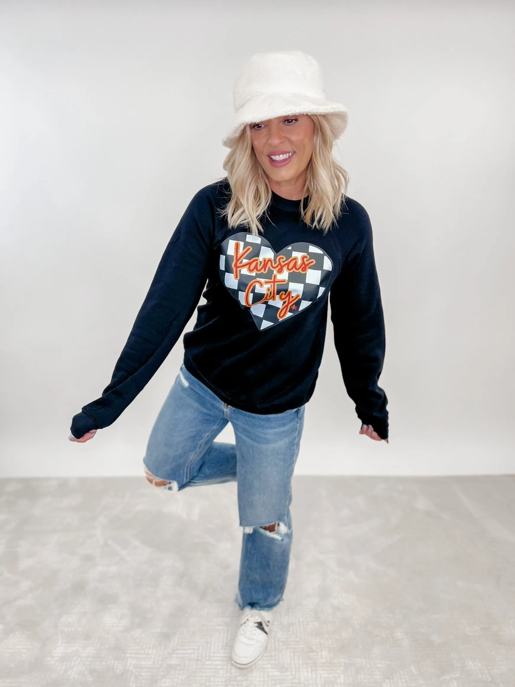 Kansas City Checkered Heart Sweatshirt, Black