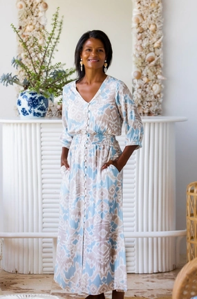 Kelsey Dress Long / Sand and Sea Ikat Graceful Ease Smooth Shape
