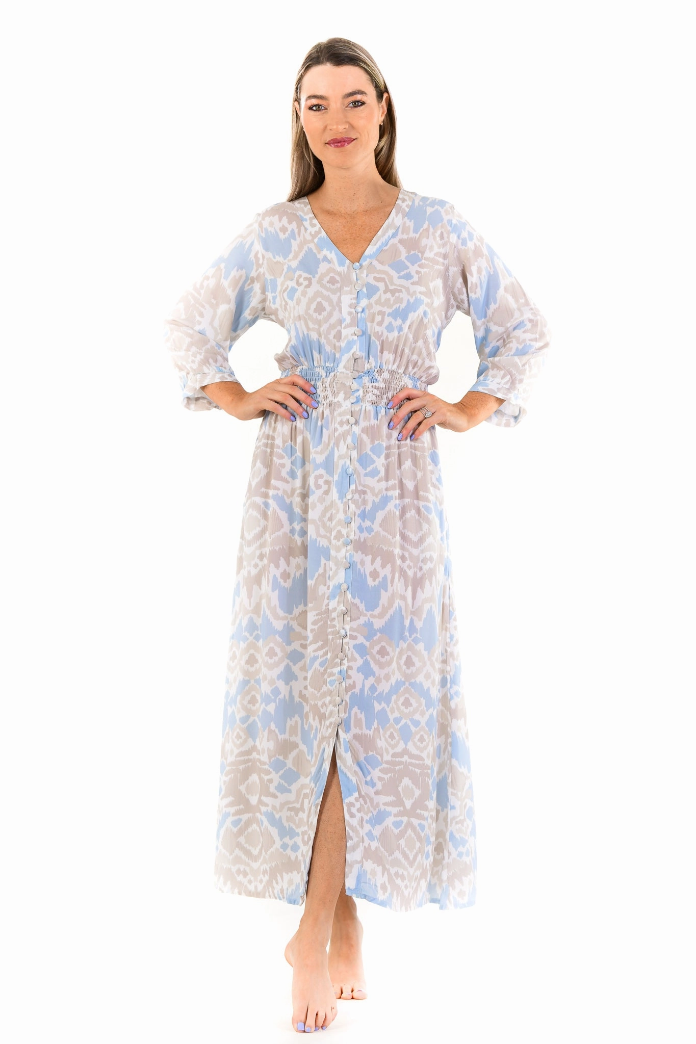 Kelsey Dress Long / Sand and Sea Ikat Elastic Fit