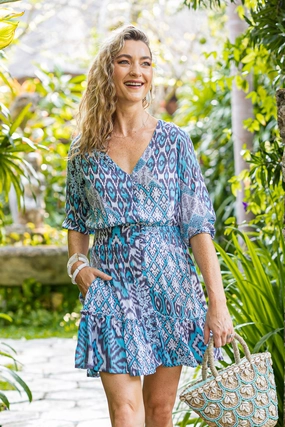 Summer Fashion Kelsey Dress Short / Turquoise Brown Ikat