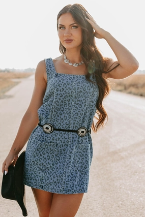 Breathable Layering Kendrix Animal Print Denim Mini Dress (Denim Leopard)