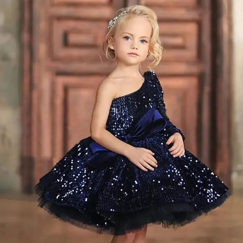 Kids Girls Navy Blue Bows Pleat One Shoulder Fluffy Dress