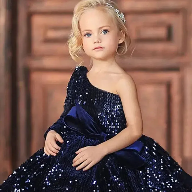 Kids Girls Navy Blue Bows Pleat One Shoulder Fluffy Dress