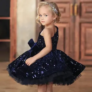 Kids Girls Navy Blue Bows Pleat One Shoulder Fluffy Dress