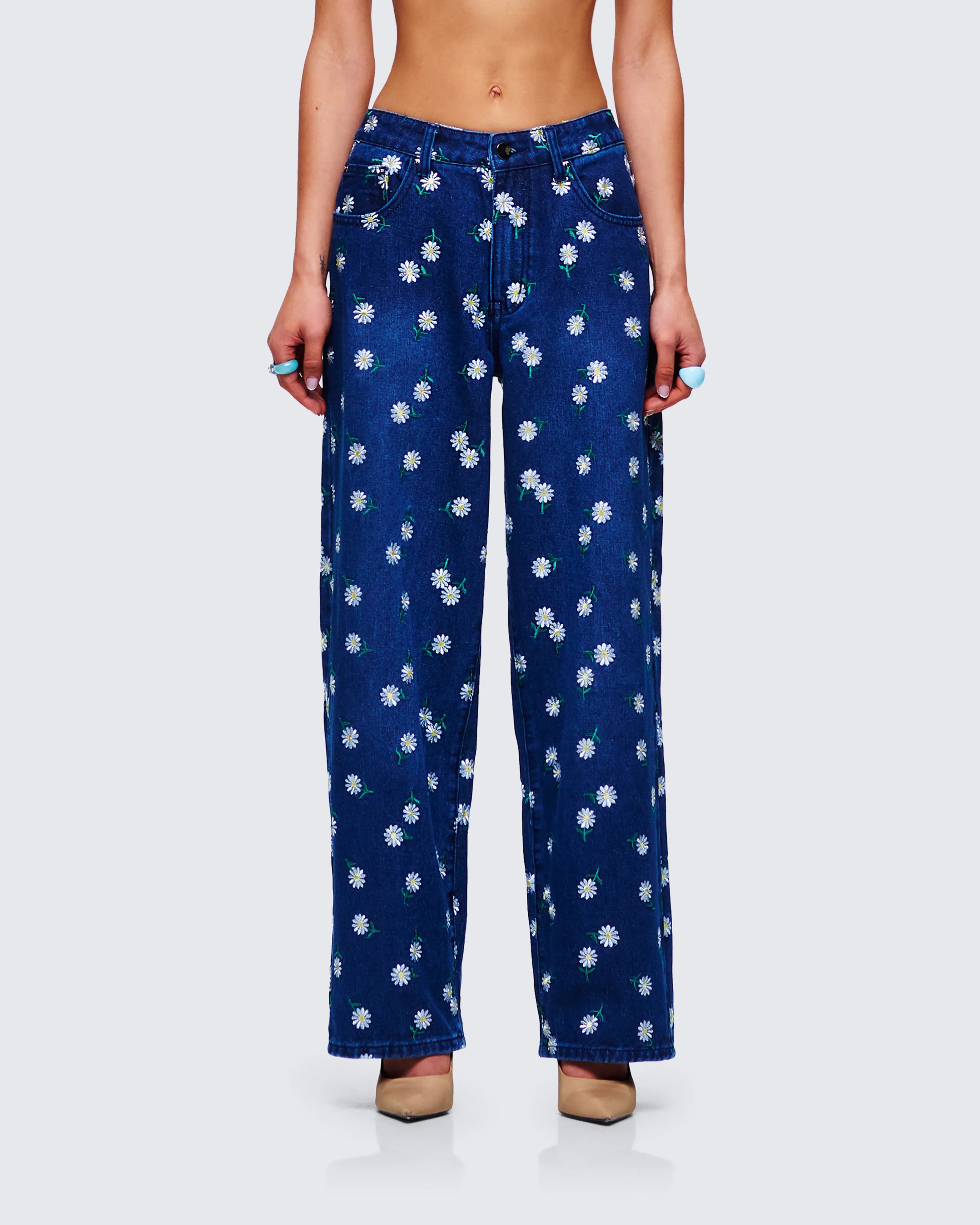 Kincade Blue Mid Rise Floral Embroidery Jean