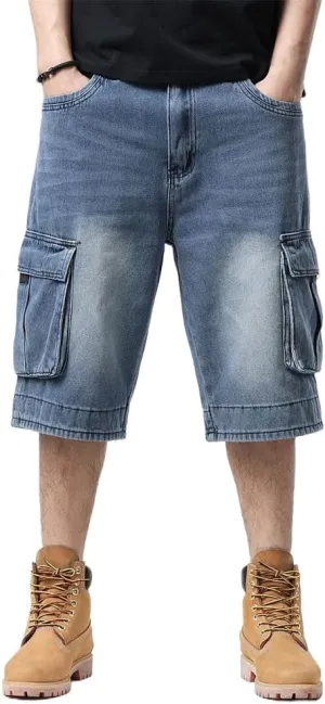 Kinghua Mens Denim Cargo Shorts Loose Fit Hip Hop Jean Shorts