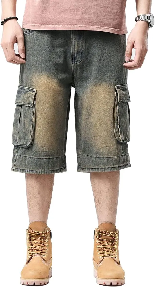 Kinghua Mens Denim Cargo Shorts Loose Fit Hip Hop Jean Shorts