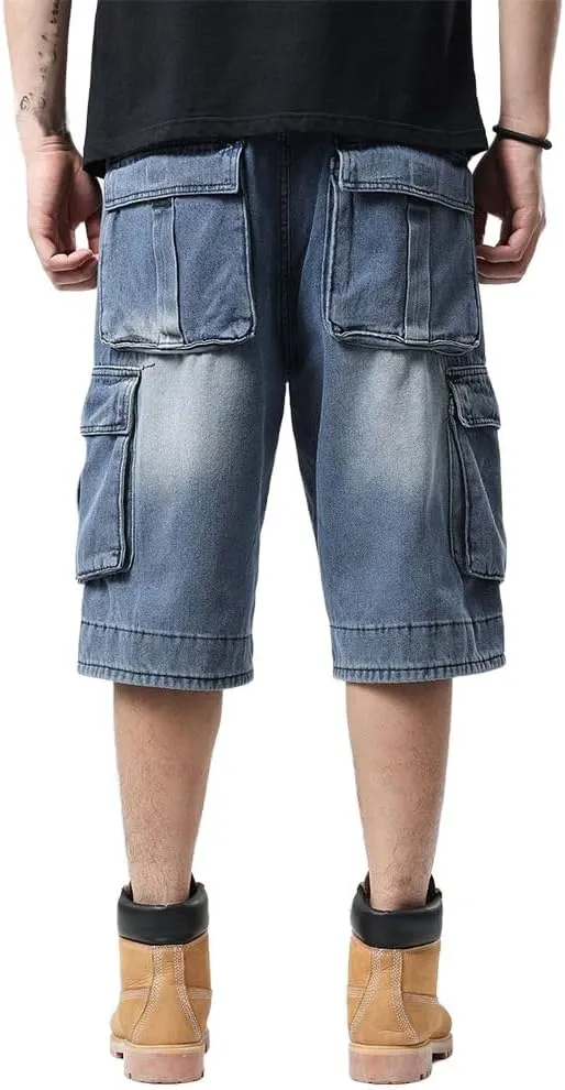 Kinghua Mens Denim Cargo Shorts Loose Fit Hip Hop Jean Shorts
