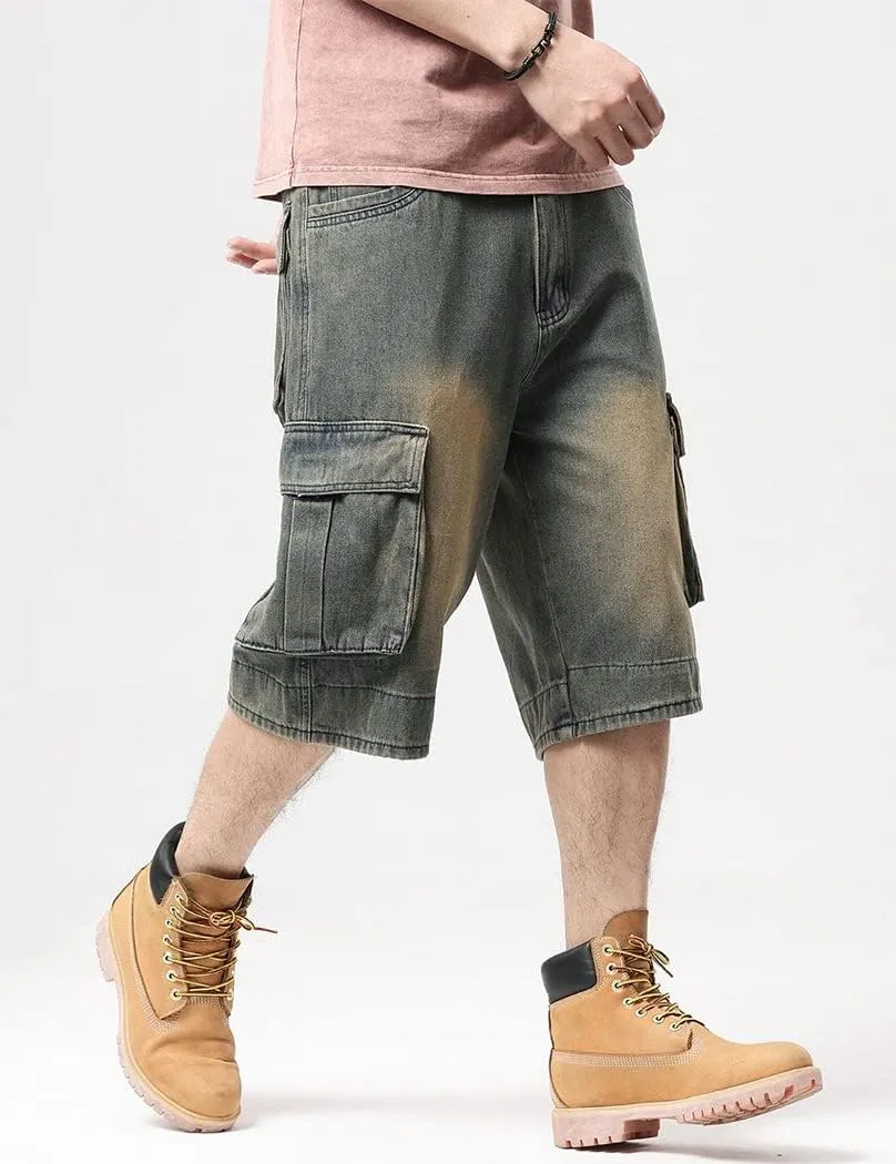 Kinghua Mens Denim Cargo Shorts Loose Fit Hip Hop Jean Shorts