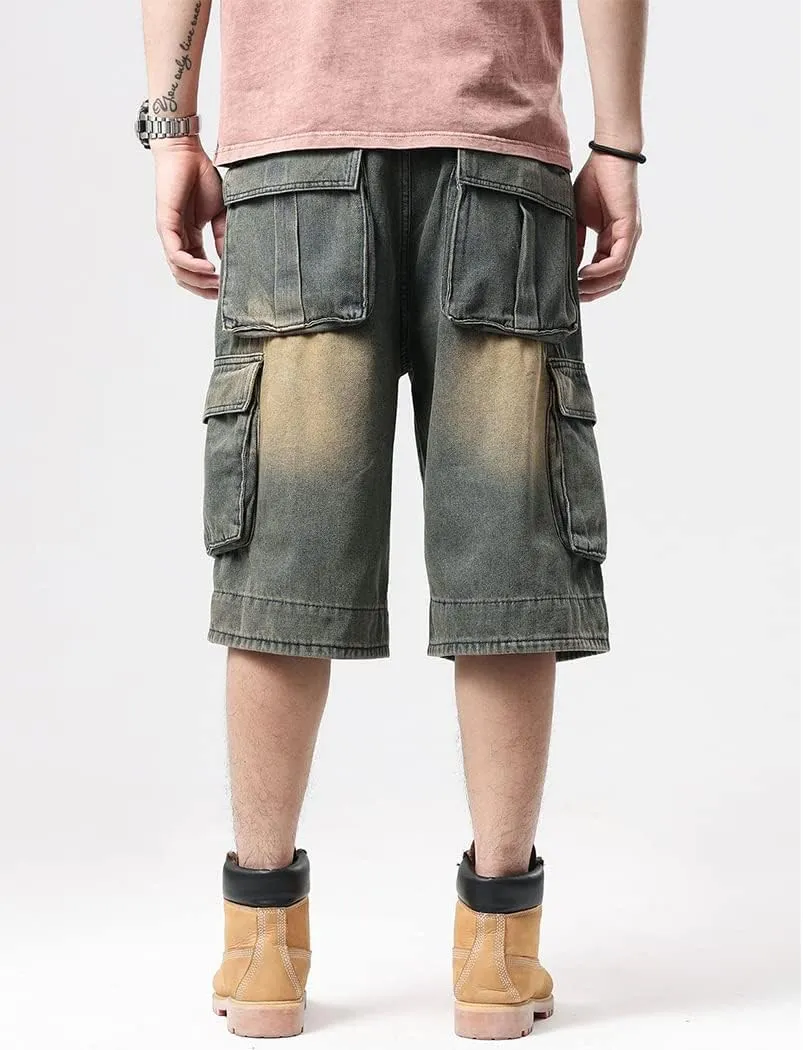 Kinghua Mens Denim Cargo Shorts Loose Fit Hip Hop Jean Shorts