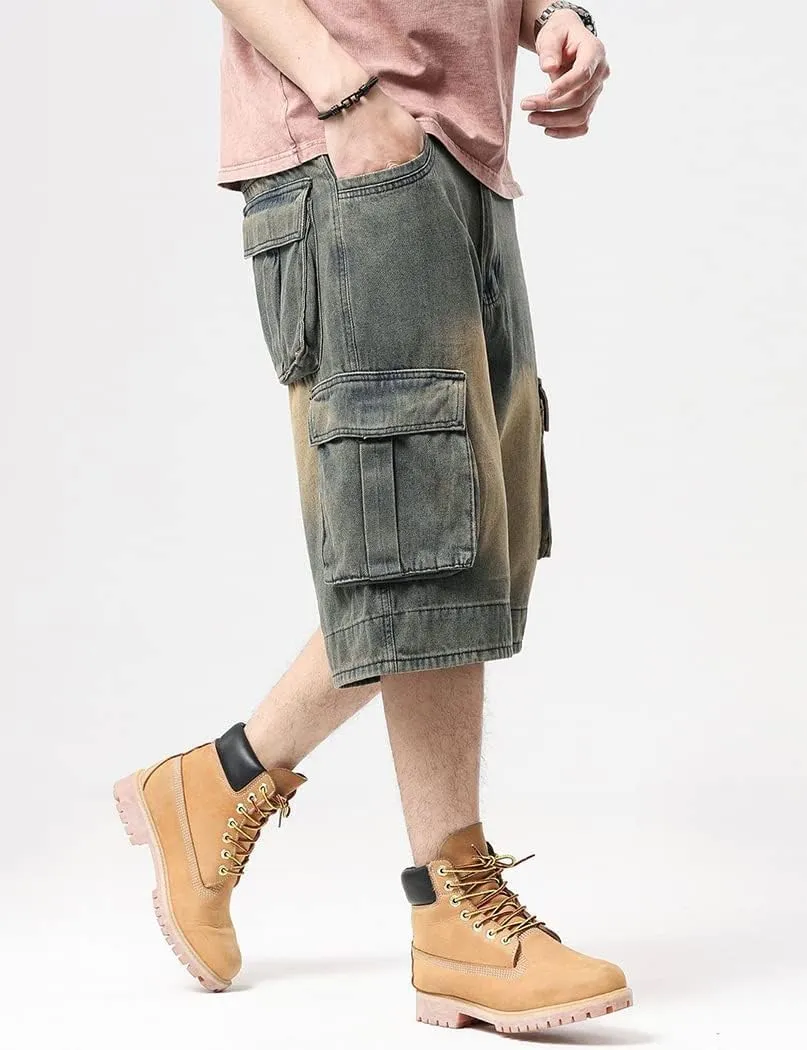 Kinghua Mens Denim Cargo Shorts Loose Fit Hip Hop Jean Shorts